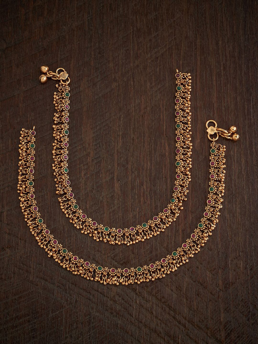 

Kushal's Fashion Jewellery Set Of 2 Gold-Plated Artificial Stones Anklets, Red