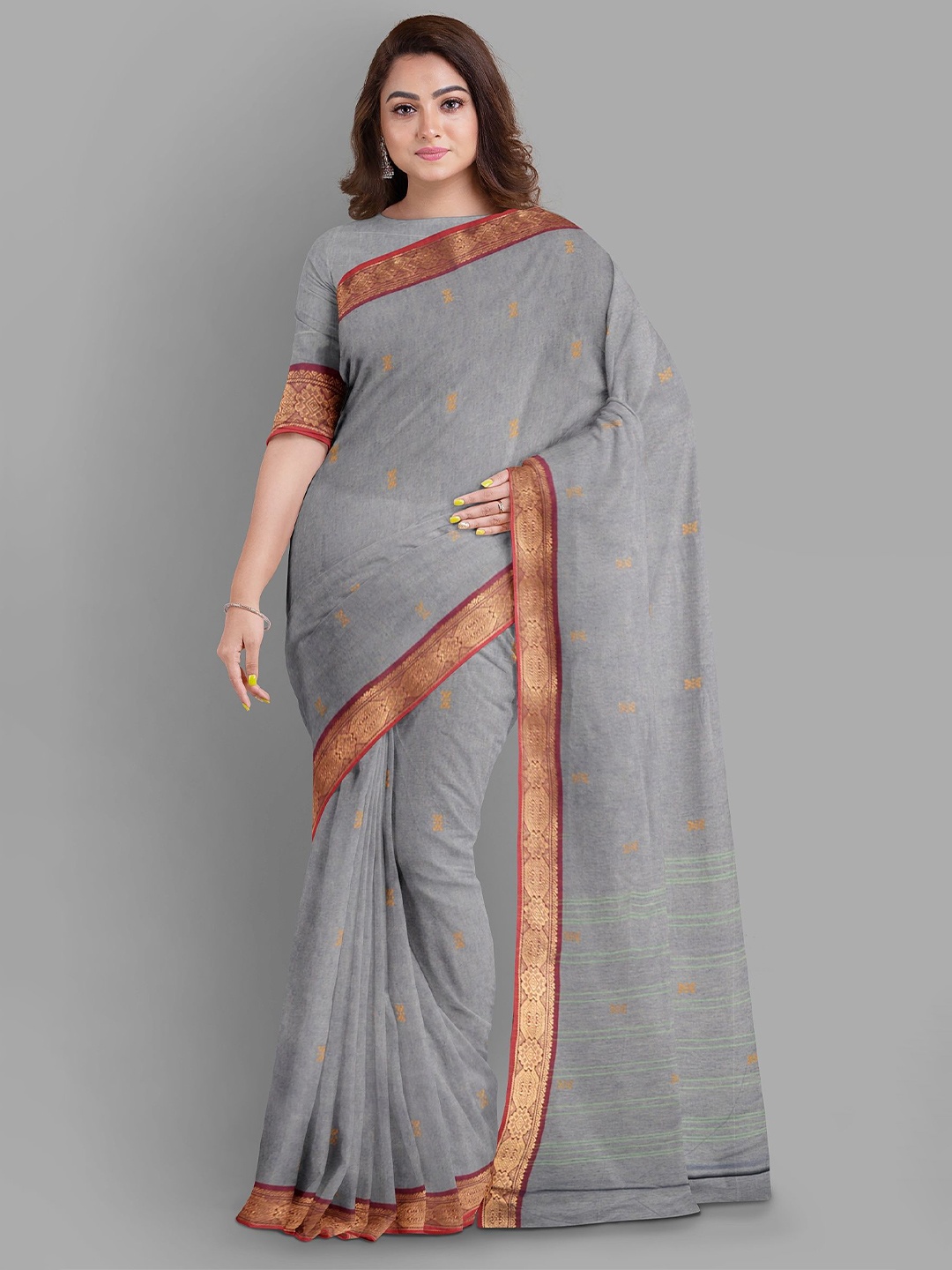 

The Chennai Silks Floral Zari Pure Cotton Kanjeevaram Saree, Grey