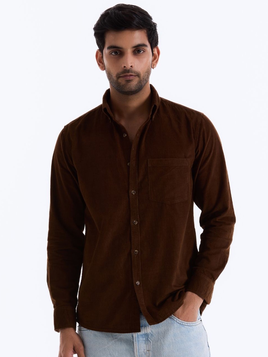 

Beyours Men Standard Spread Collar Solid Cotton Casual Shirt, Brown