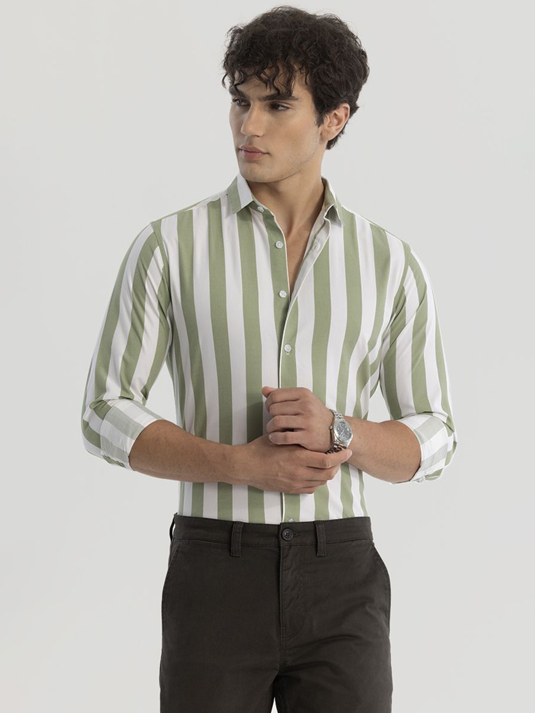 

Snitch Men Smart Slim Fit Opaque Striped Casual Shirt, White