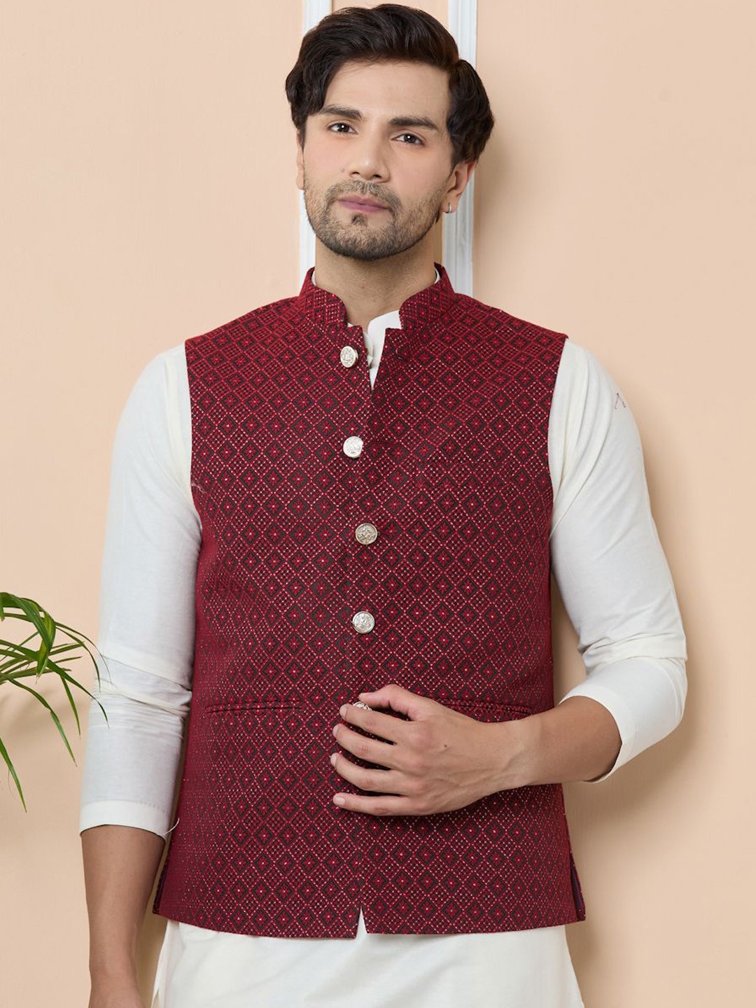 

See Designs Woven Mandarin Collar Neck Design Nehru Jacket, Red