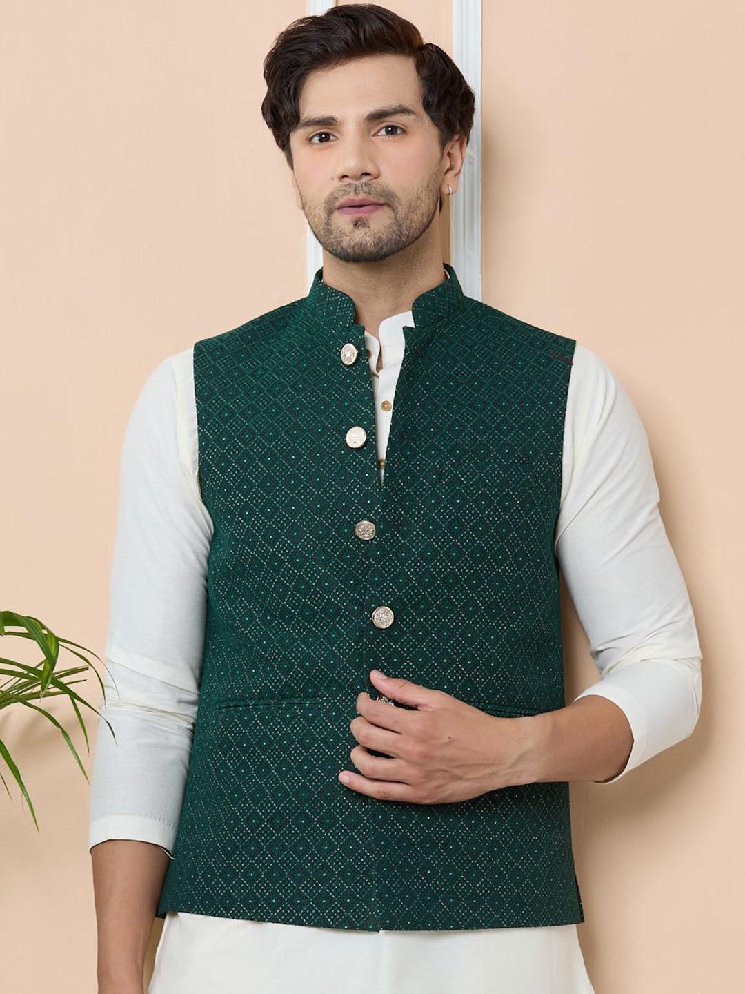 

See Designs Woven Design Mandarin Collar Neck Nehru Jacket, Green