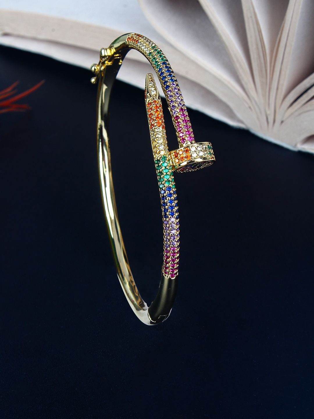 

KPOP Cubic Zirconia Studded Gold-Plated Bangle-Style Bracelet