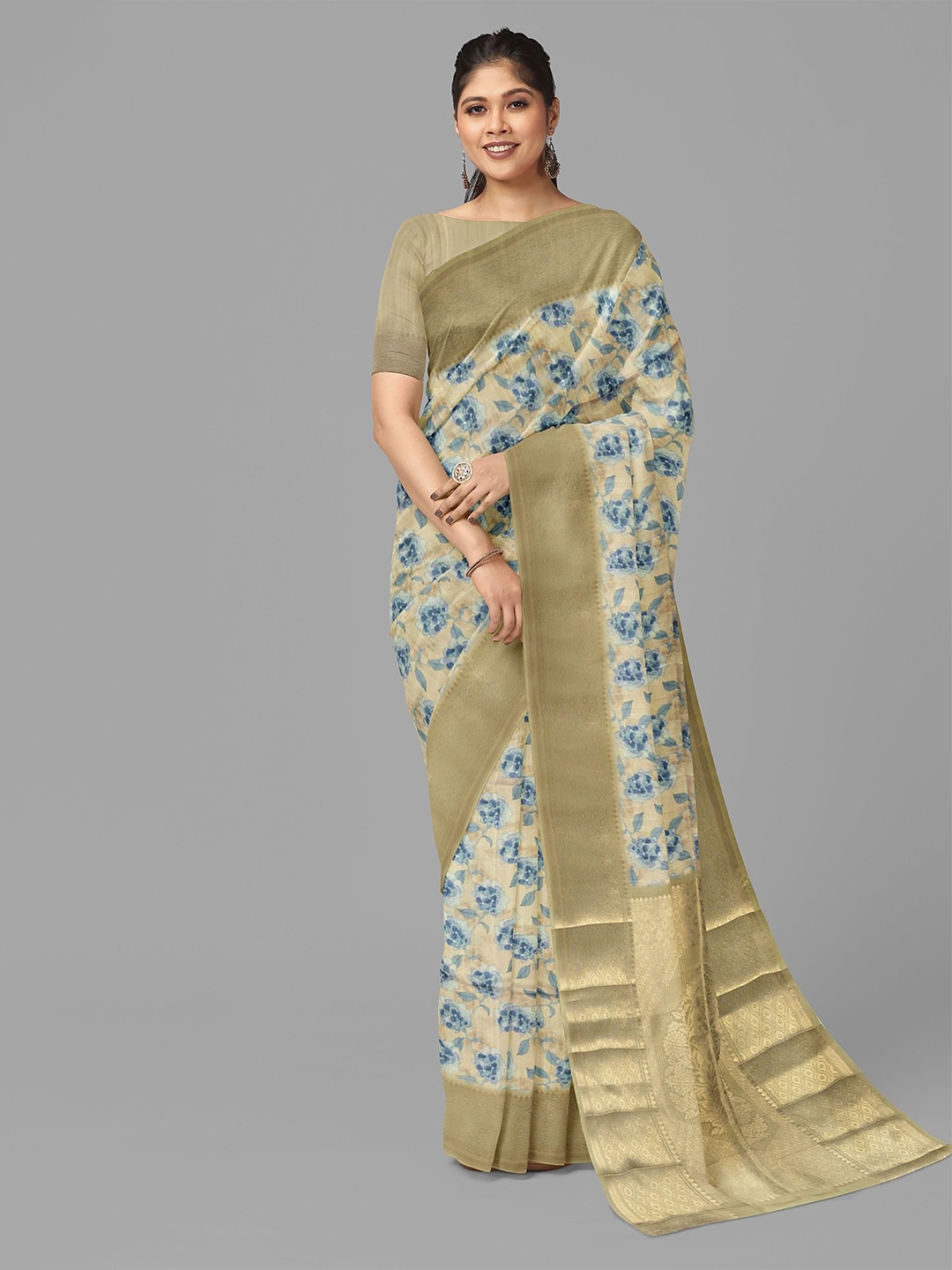 

The Chennai Silks Floral Zari Saree, Beige