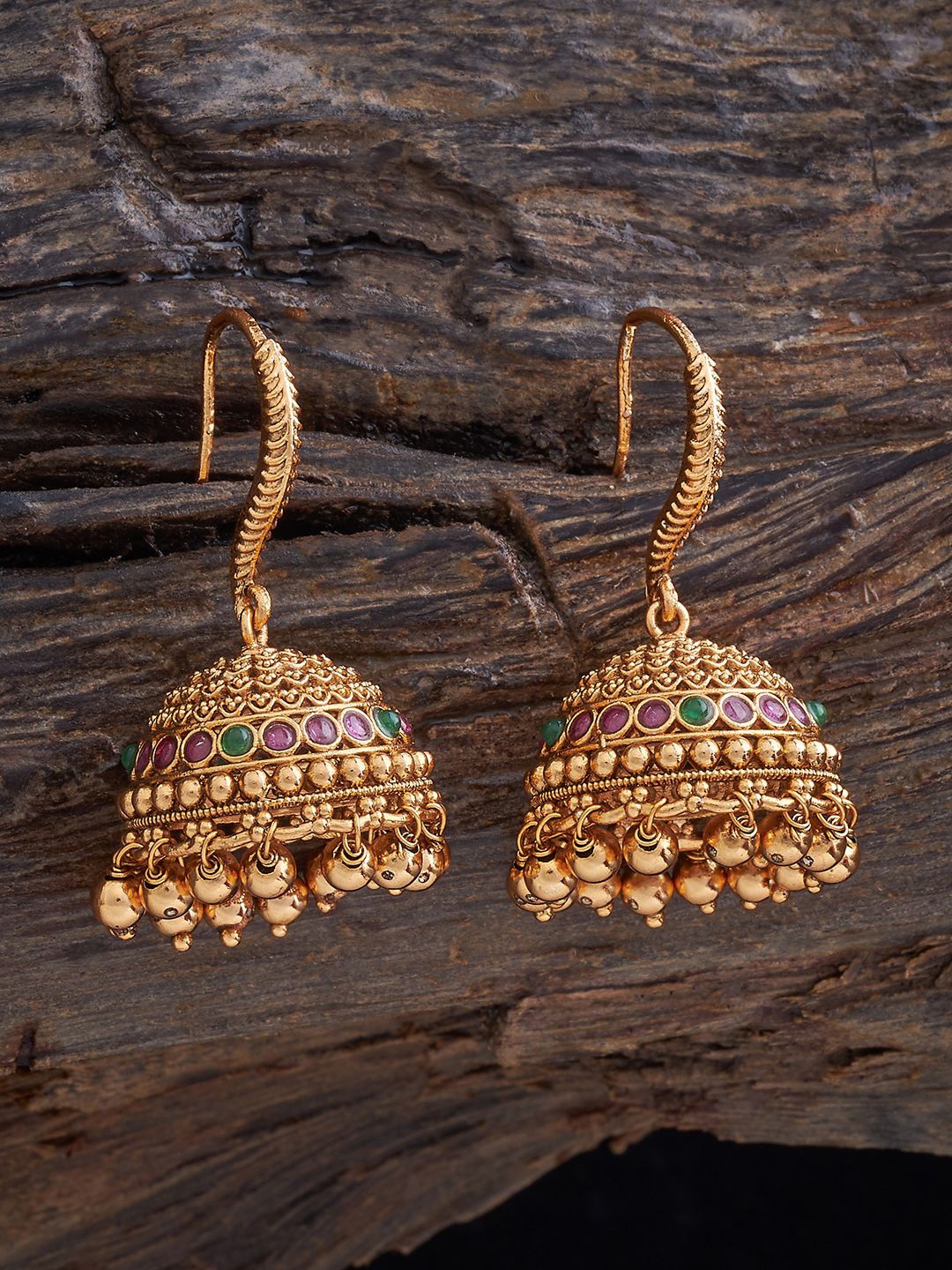 

Kushal's Fashion Jewellery Gold-Plated Stone Studded Dome Shaped Jhumkas, Red