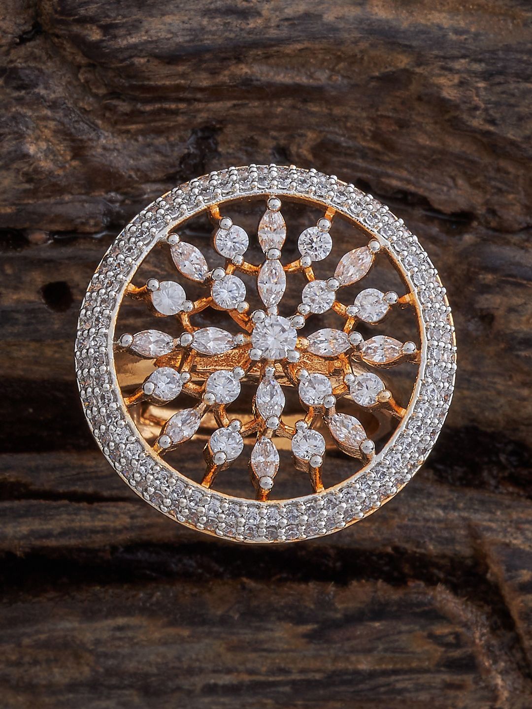 

Kushal's Fashion Jewellery Rhodium Plated Zircon Studded Floral Adjustable Finger Ring, Gold