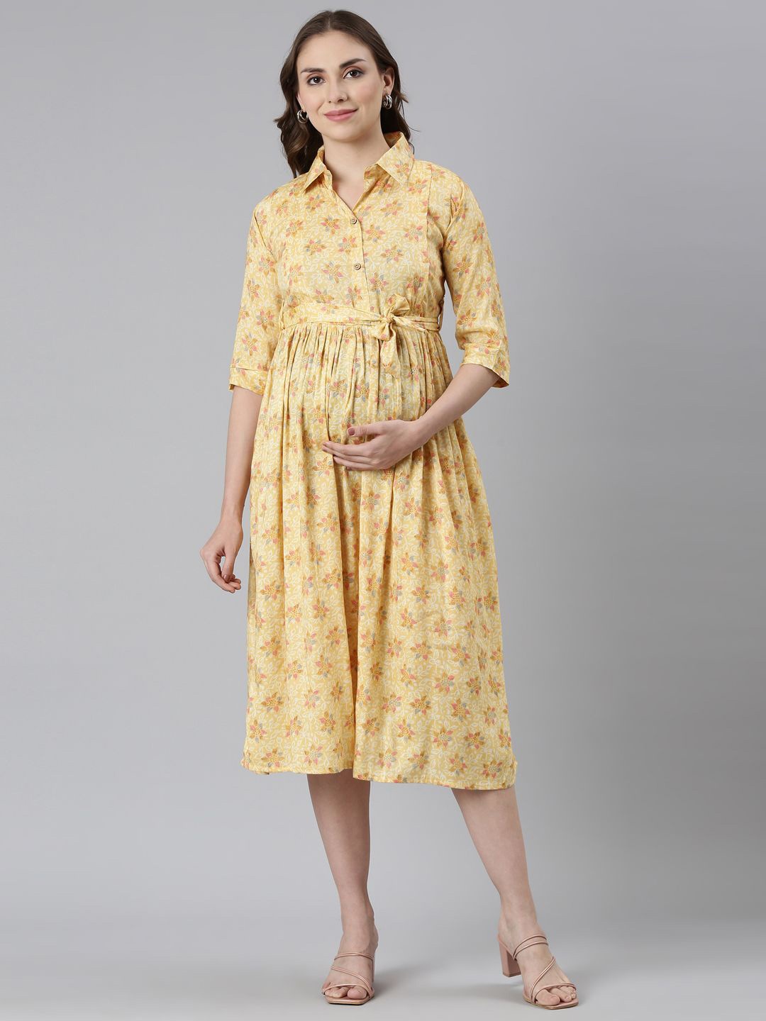 

THE MAMA KLUB Women Shirt Collar Fit & Flare Maternity Dress, Yellow