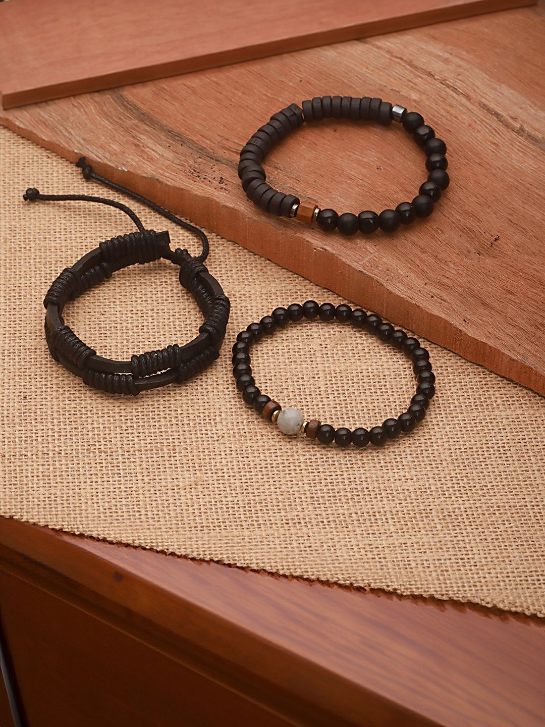 

Jazz and Sizzle Men Set Of 3 Brass Beaded Elasticated Bracelet, Black