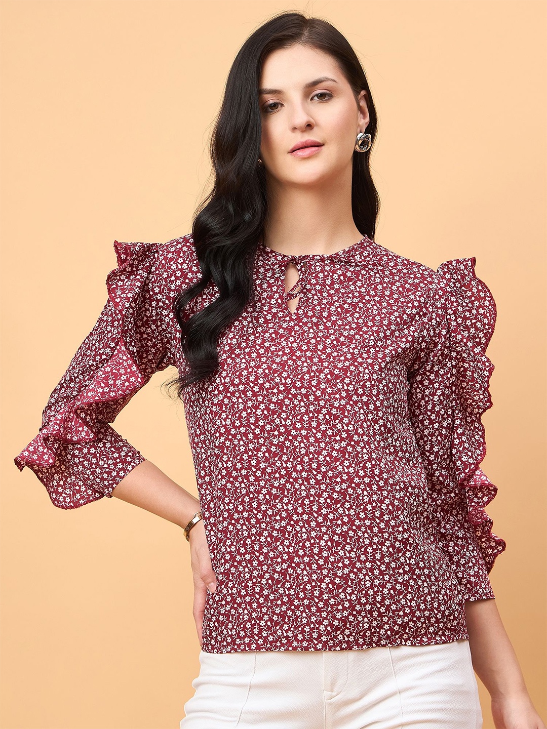 

NEESH Women Floral Printed Round Neck Top, Maroon