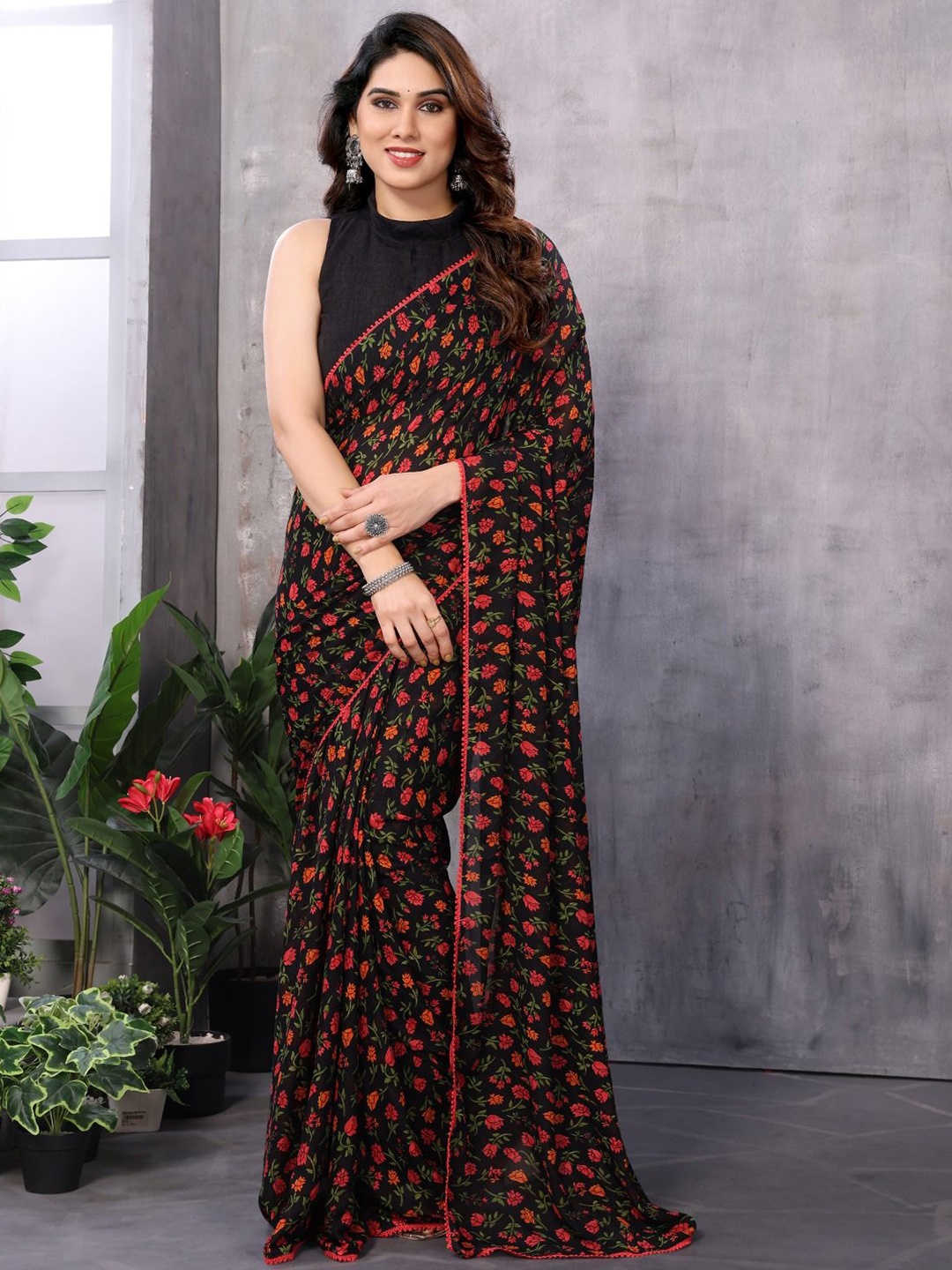 

KALINI Floral Pure Georgette Ready to Wear Saree, Black