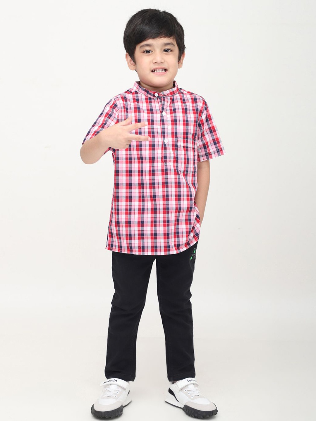 

Biglilpeople Boys Standard Mandarin Collar Checked Cotton Casual Shirt, Red