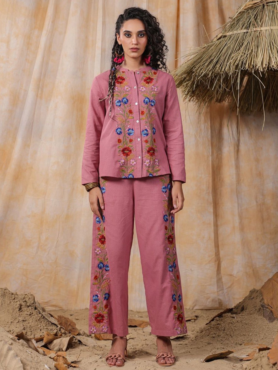 

Nyaro Floral Embroidered Pure Cotton Mandarin Collar Neck Top With Trousers, Pink