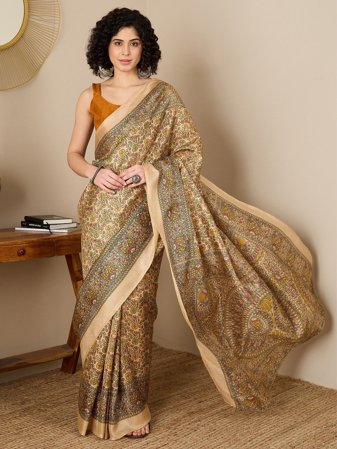

Saree mall Floral Printed Ready to Wear Tussar Sarees, Beige