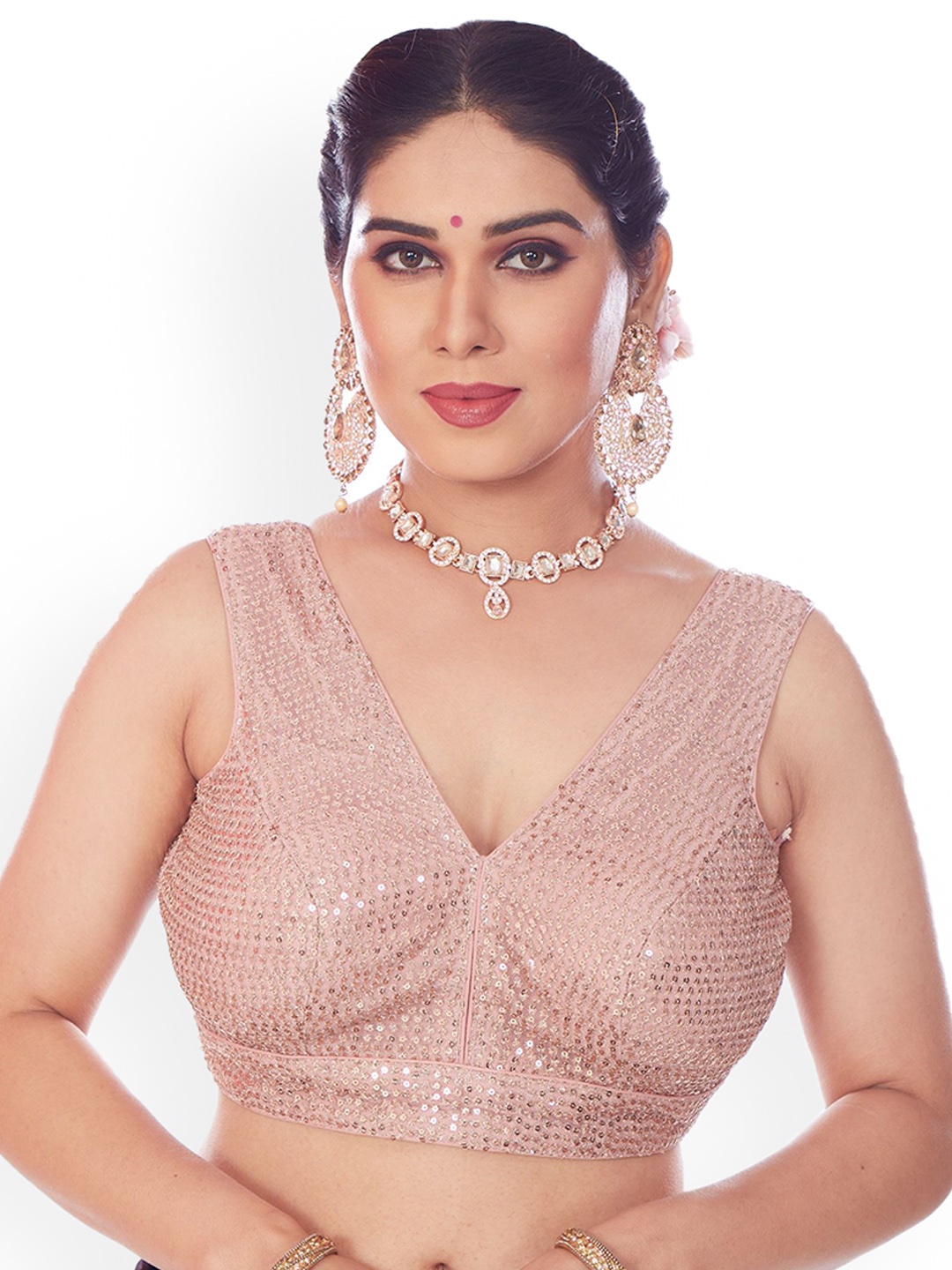 

Mmore Sequinned Embroidered V Neck Saree Blouse, Peach