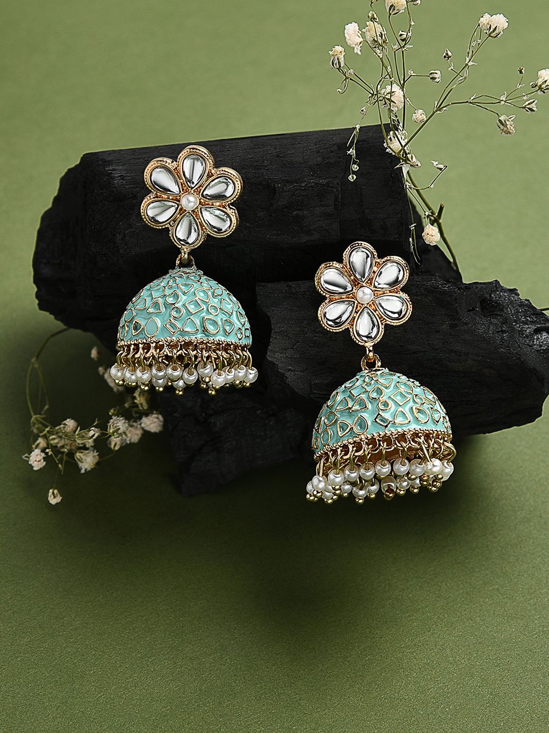 

Kalakrith Milano Dome Shaped Kundan & Pearls Studded Enamelled Jhumkas, Green