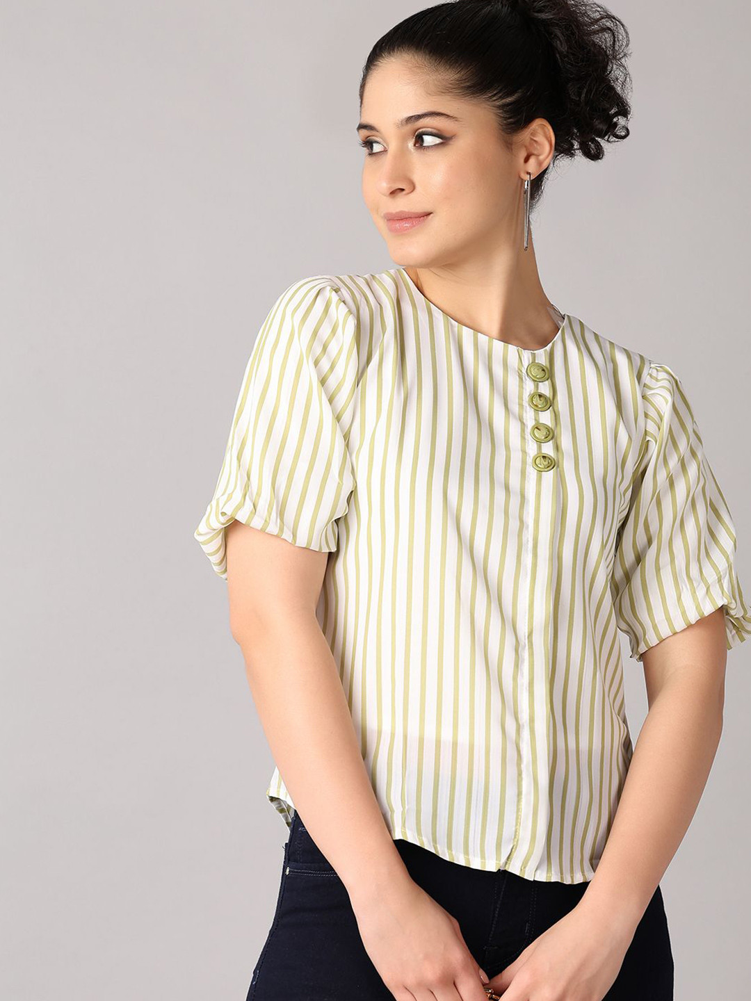 

V-Mart Women Vertical Striped Round Neck Cotton Top, Green