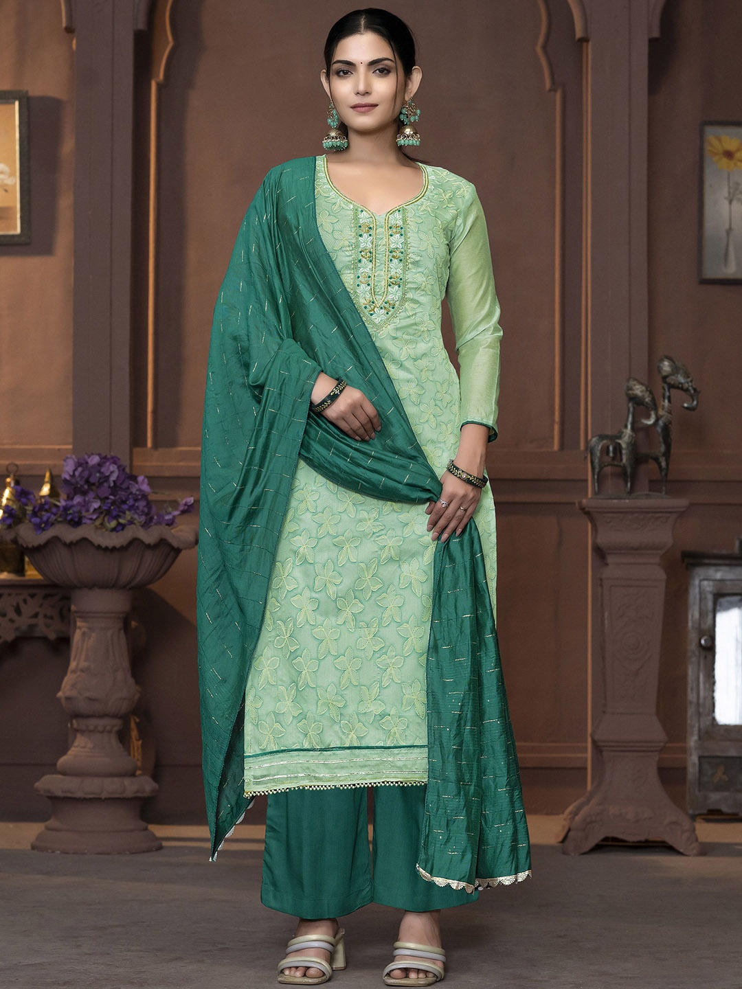 

MANVAA Floral Embellished Beads and Stones Modal Cotton Unstitched Dress Material, Lime green