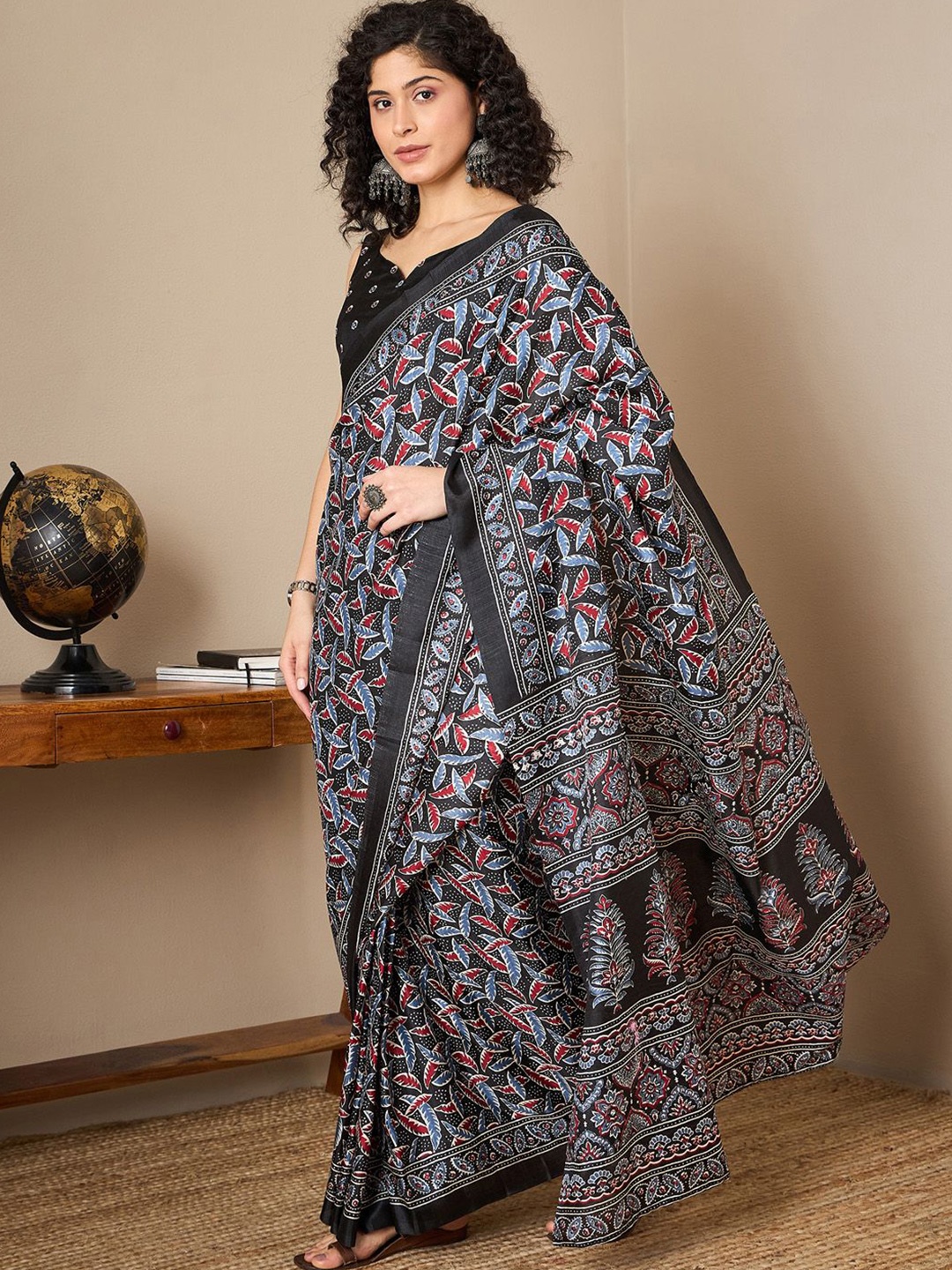 

Mitera Floral Printed Ready to Wear Block Print Saree, Black