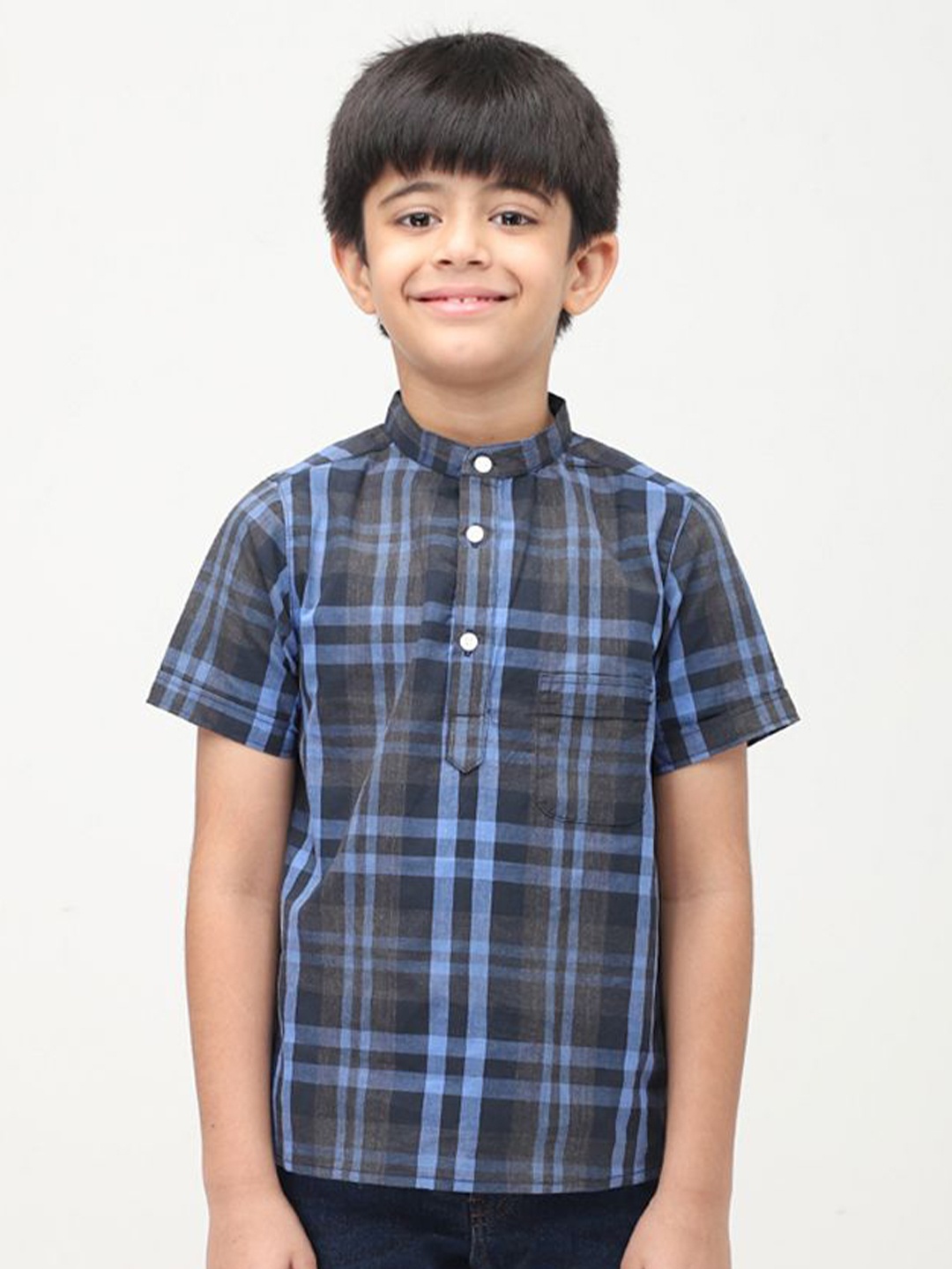 

Biglilpeople Boys Standard Band Collar Checked Cotton Casual Shirt, Blue