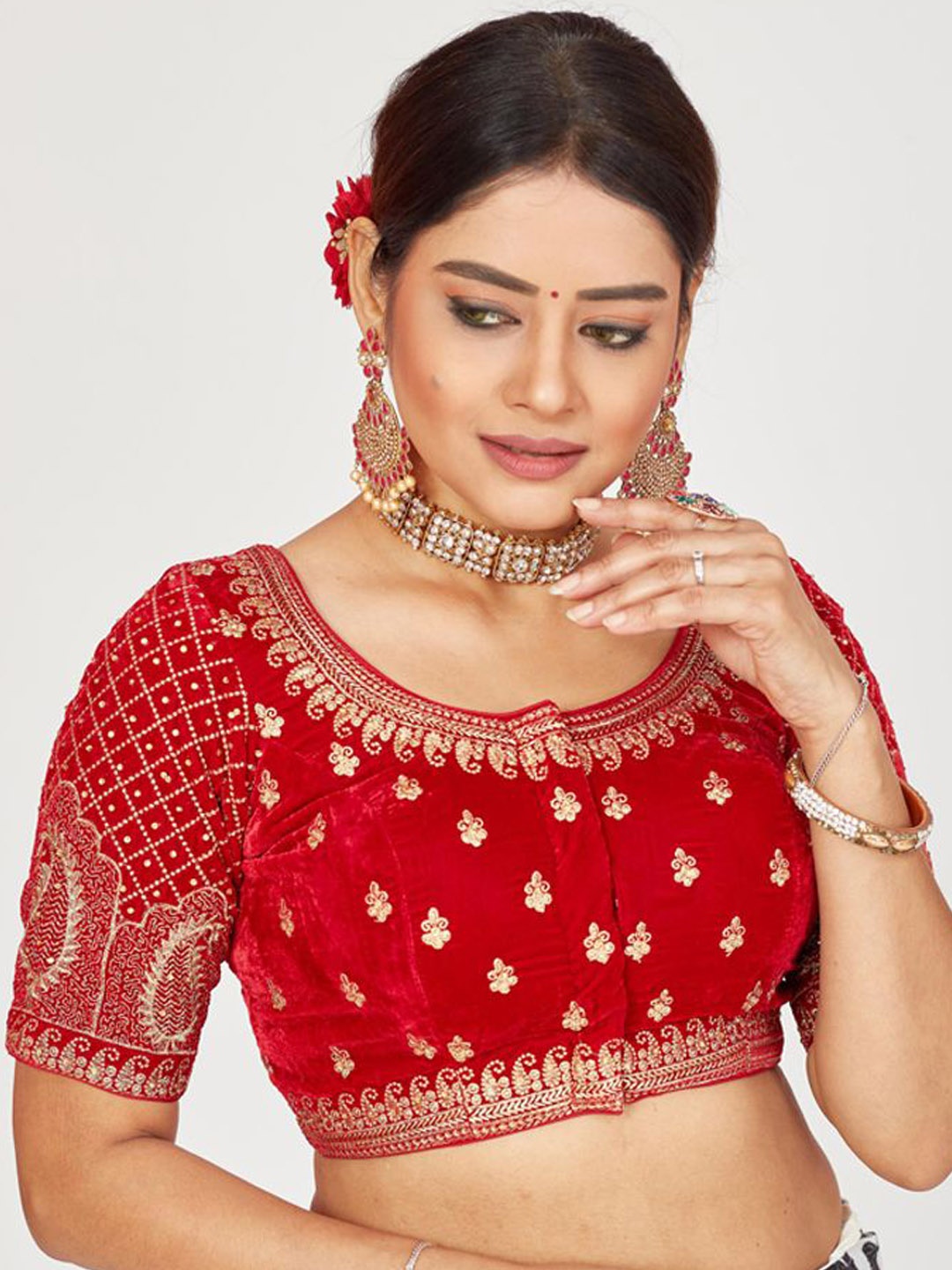 

Mmore Embroidered Round Neck Saree Blouse, Red