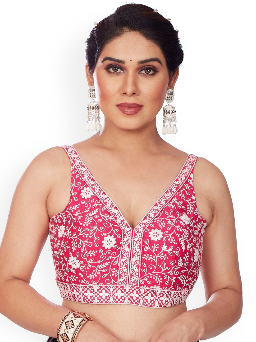 

Mmore Embroidered Silk Padded Saree Blouse, Pink