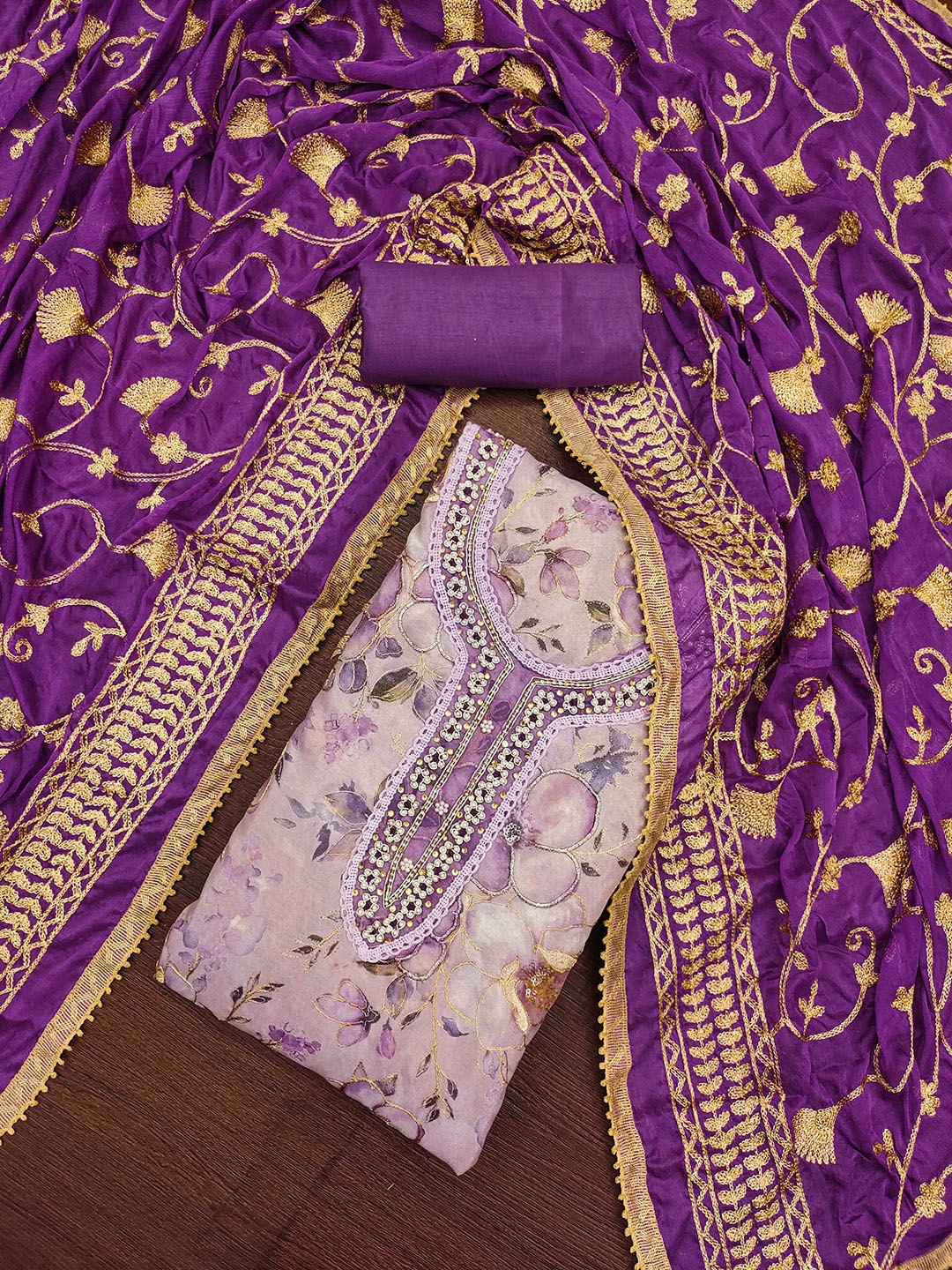 

MANVAA Floral Embroidered Beads and Stones Unstitched Dress Material, Lavender