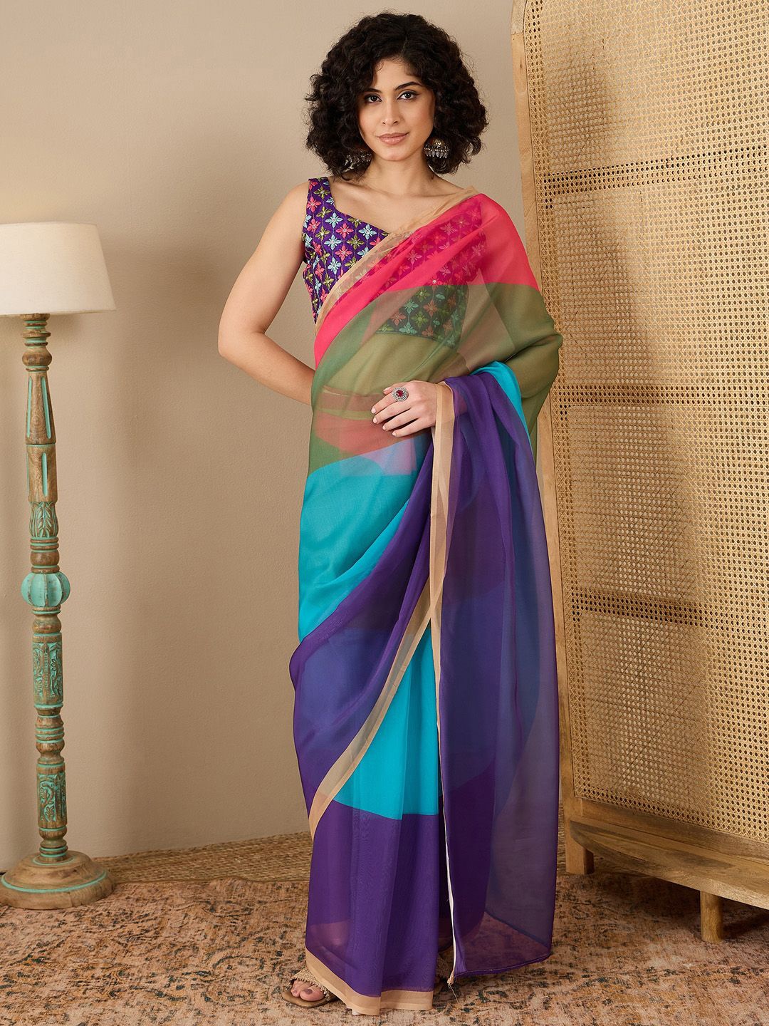

Mitera Colourblocked Embroidered Organza Ready to Wear Saree, Multi