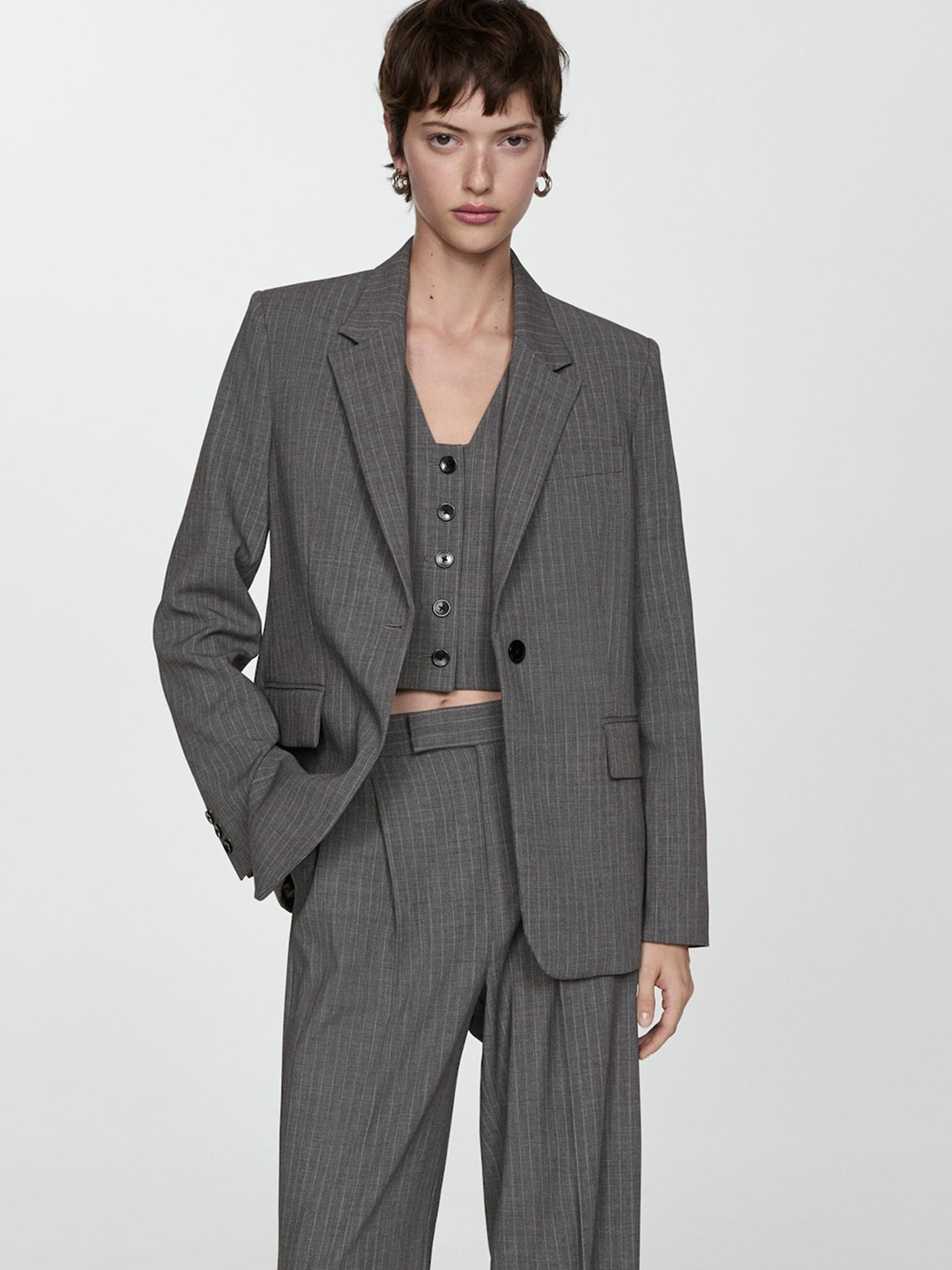 

MANGO Pin Striped Notched Lapel Single-Breasted Blazer, Grey