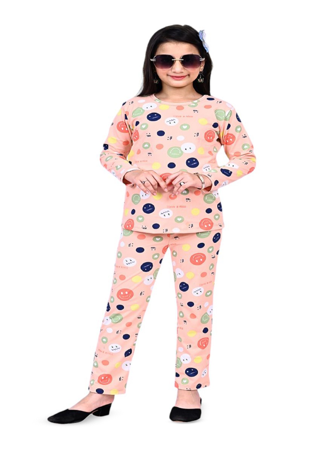 

INDIA FASHION FAB Girls Printed Round Neck Long Sleeves Pure Cotton T-Shirt With Trousers, Peach