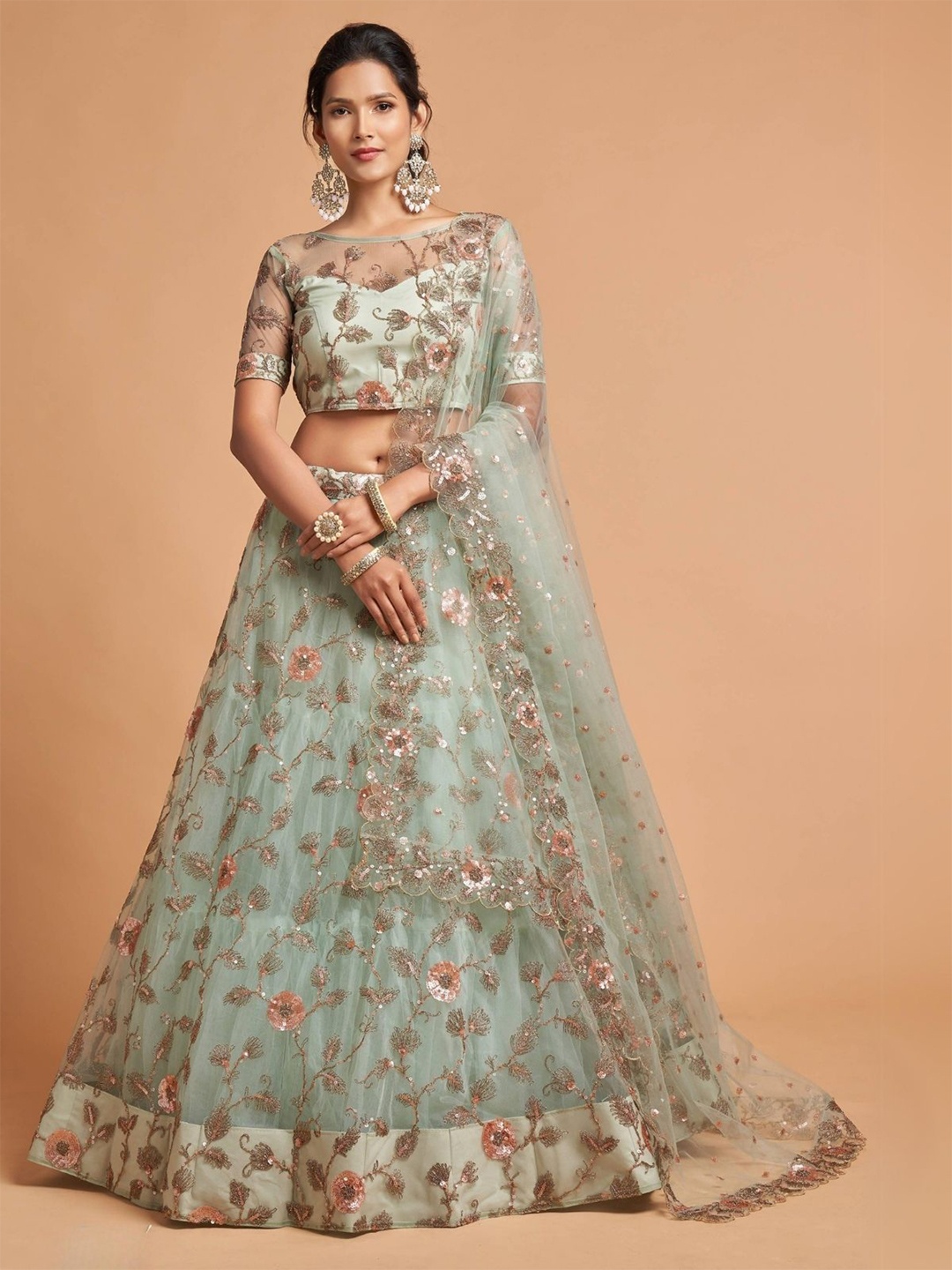 

ODETTE Embroidered Sequinned Net Semi Stitched Lehenga & Blouse With Dupatta, Green