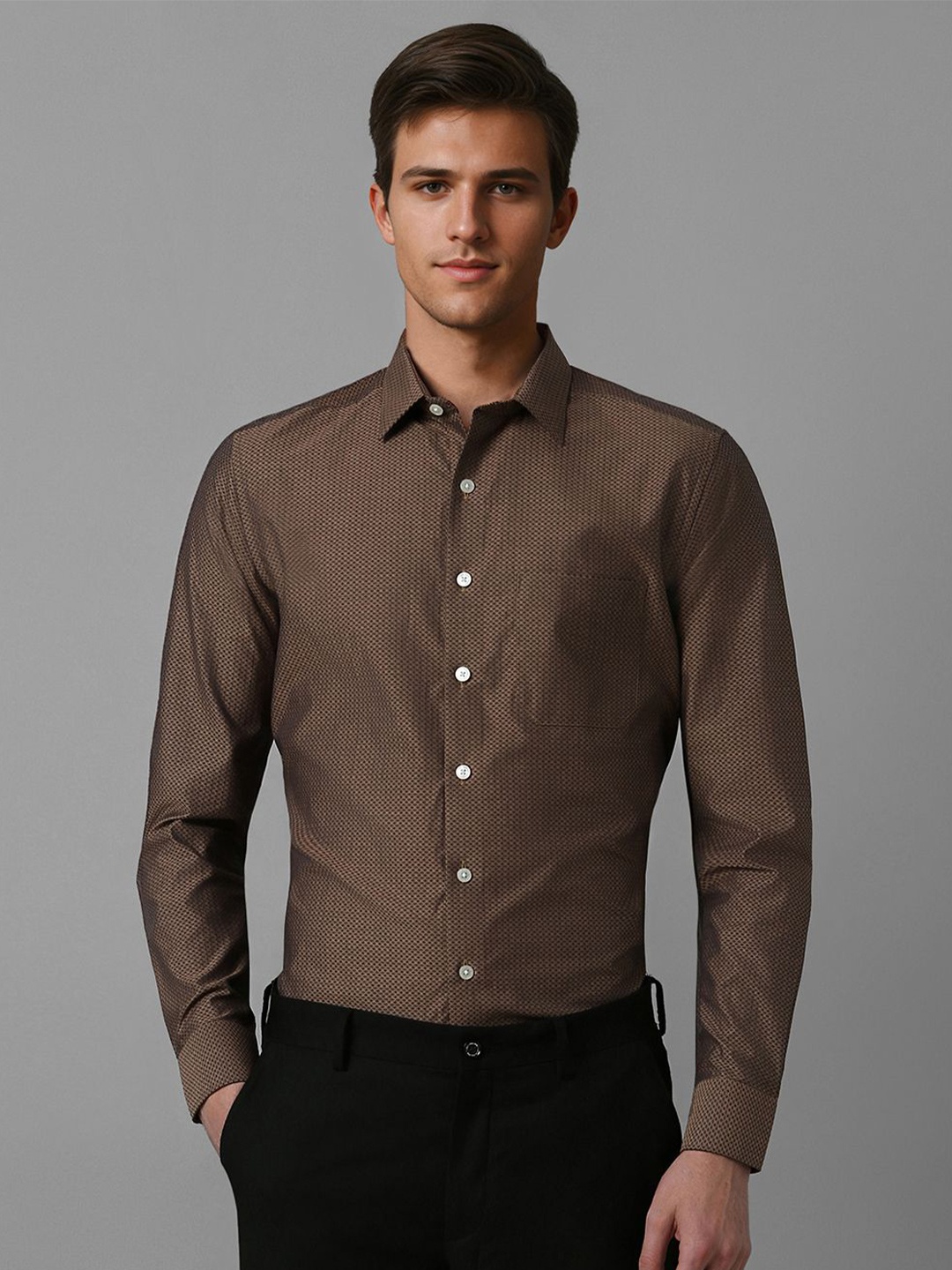 

Louis Philippe Men Spread Collar Textured Cotton Slim Fit Formal Shirt, Brown