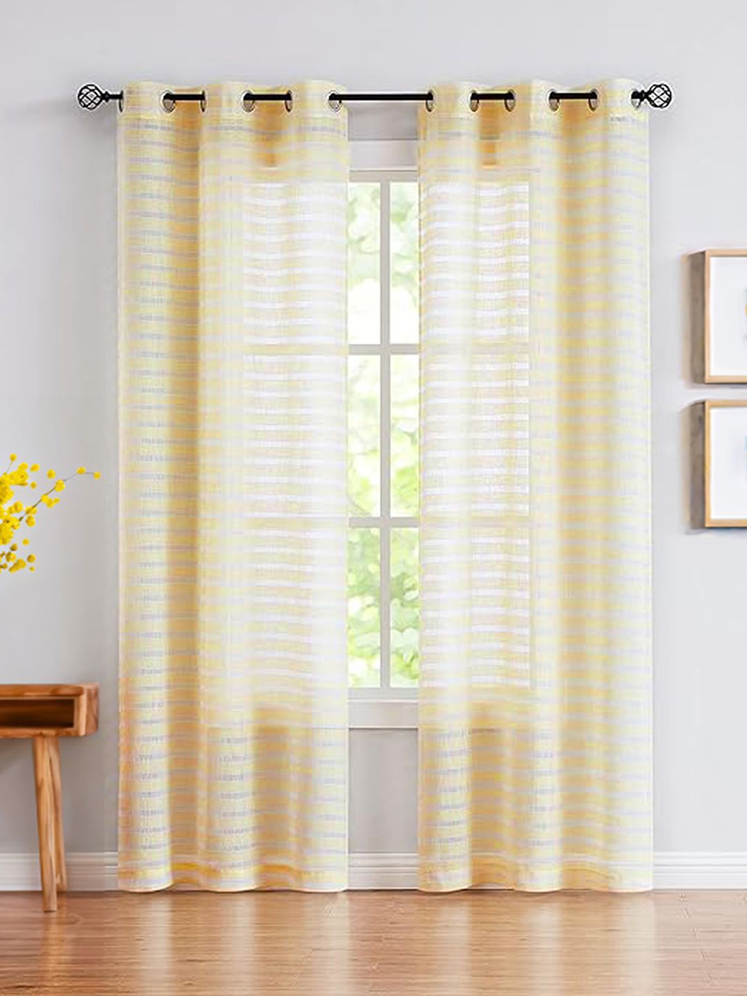 

URBAN SPACE Yellow & White 2 Pieces Striped Sheer Door Curtain