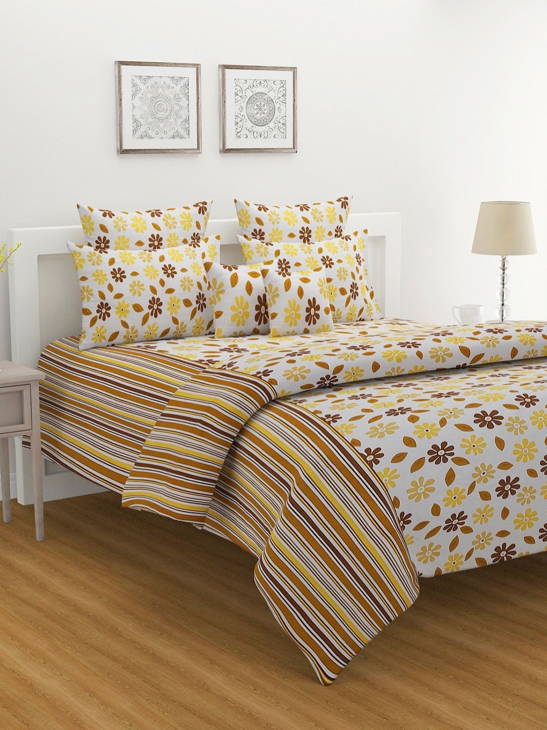 

SWAYAM Yellow & White Floral 160 TC King Bedsheet with 2 Pillow Covers