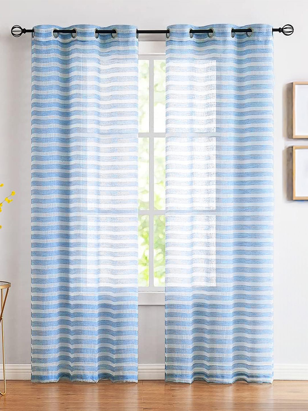 

URBAN SPACE Blue & White 2 Pieces Striped Sheer Window Curtains