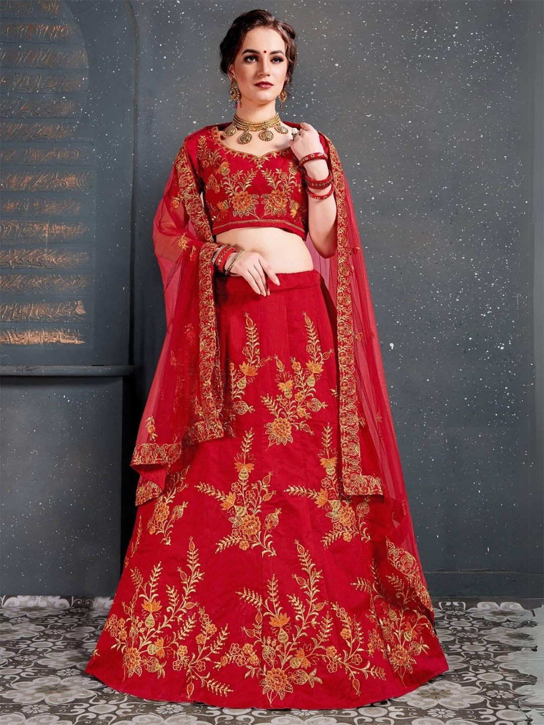 

ODETTE Embroidered Thread Work Semi-Stitched Lehenga & Blouse With Dupatta, Red