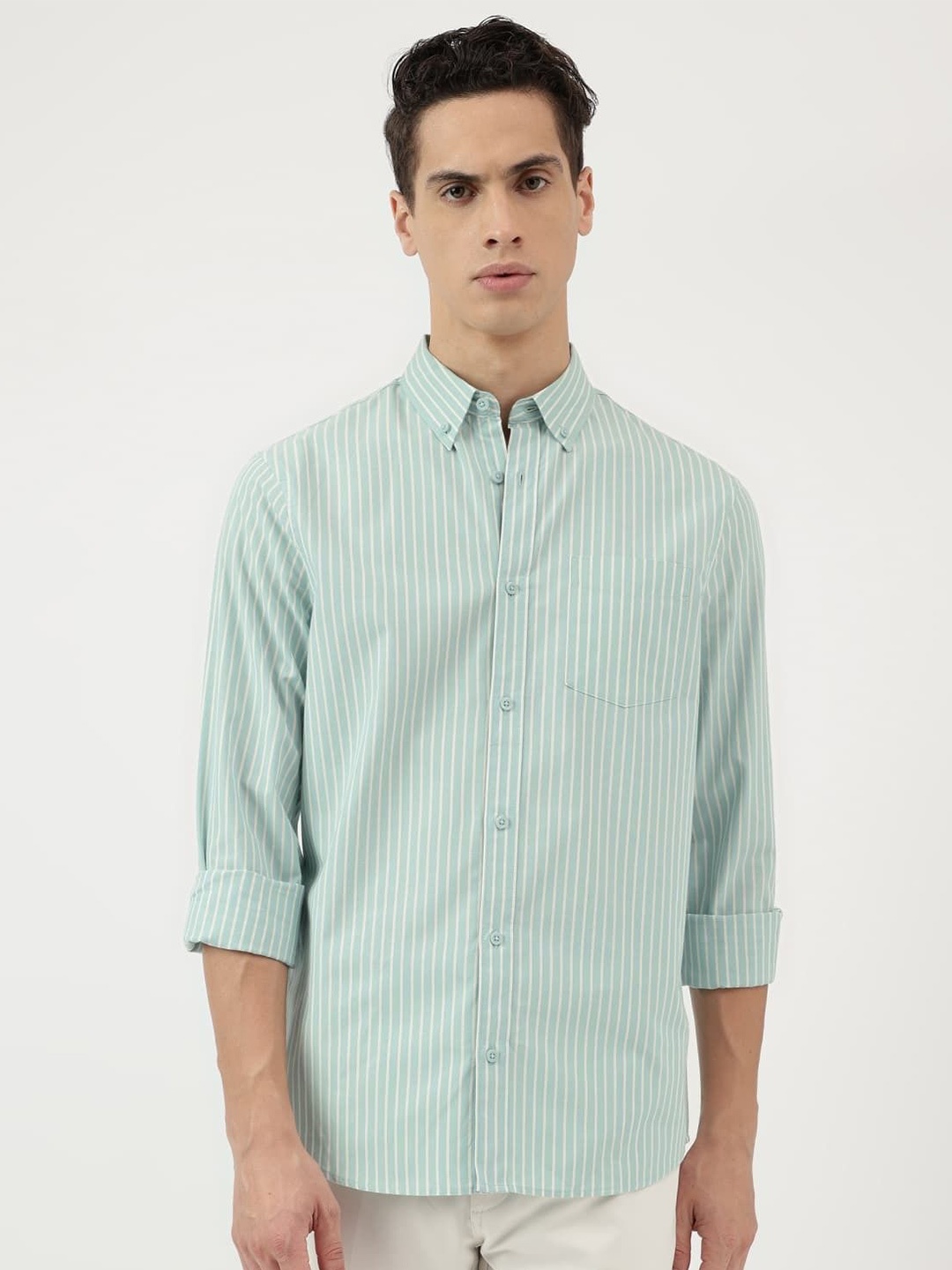 

Marks & Spencer Men Button-Down Collar Vertical Striped Cotton Casual Shirt, Green