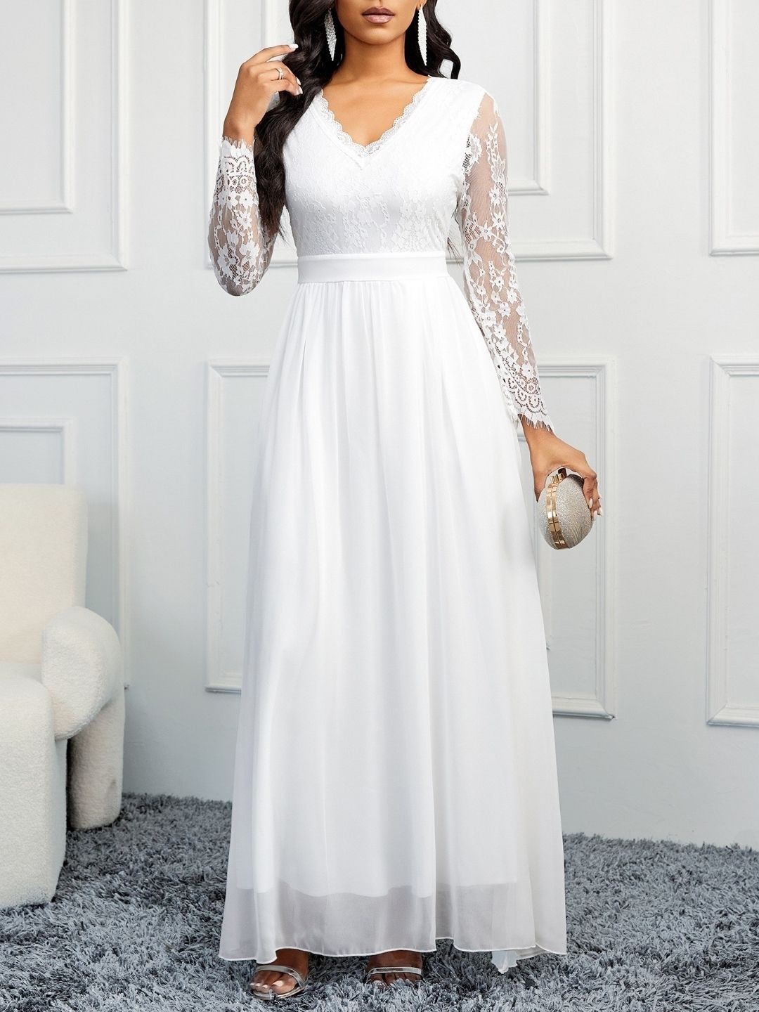 

KPOP Women V-Neck Floral Self Design Cut-Outs Maxi Dress, White