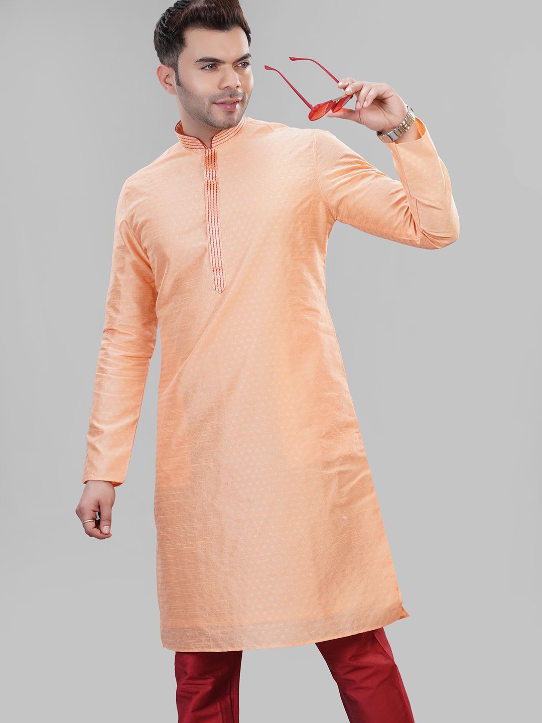 

LA'SCOOT Woven Design Thread Work Pure Cotton Straight Kurta with Churidar, Peach