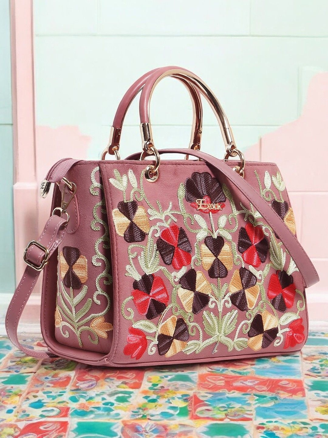 

Exotic Women Floral Embroidered Structured Handheld Bag, Pink