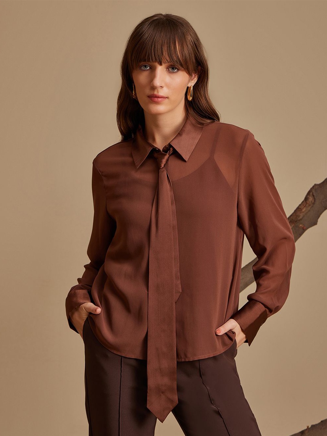 

Kazo Women Spread Collar Solid Relaxed Fit Casual Shirt, Brown