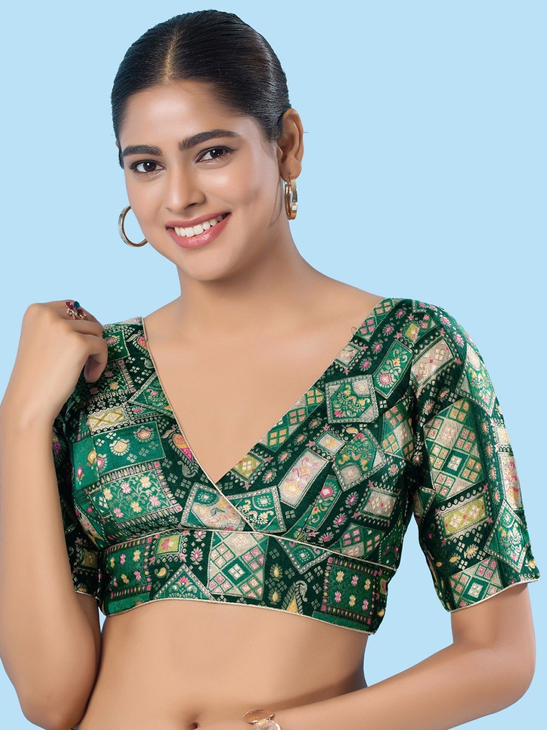 

Mmore Printed Padded Saree Blouse, Green