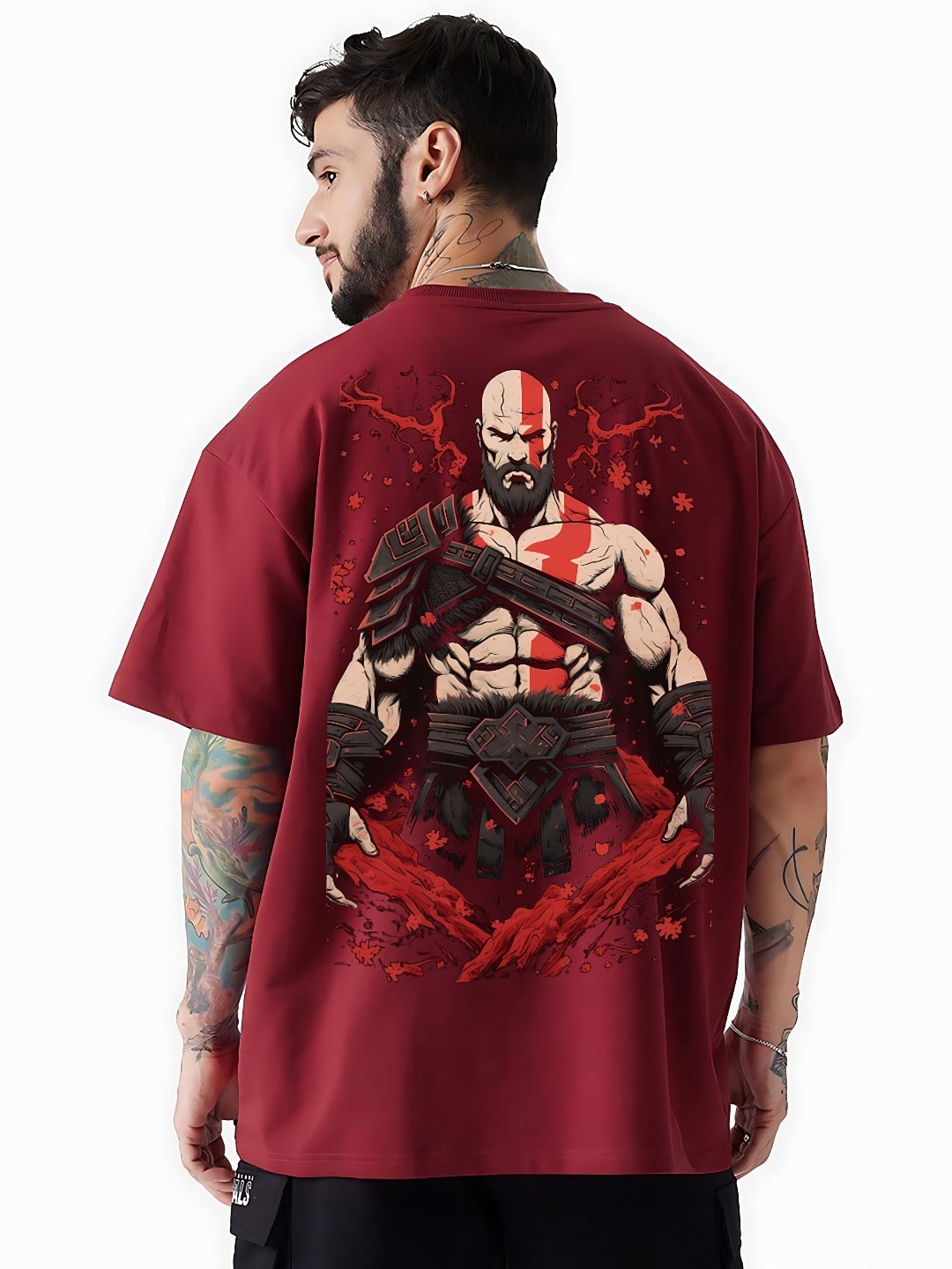 

RARESCAPE Men Printed Extended Sleeves Raw Edge T-shirt, Maroon