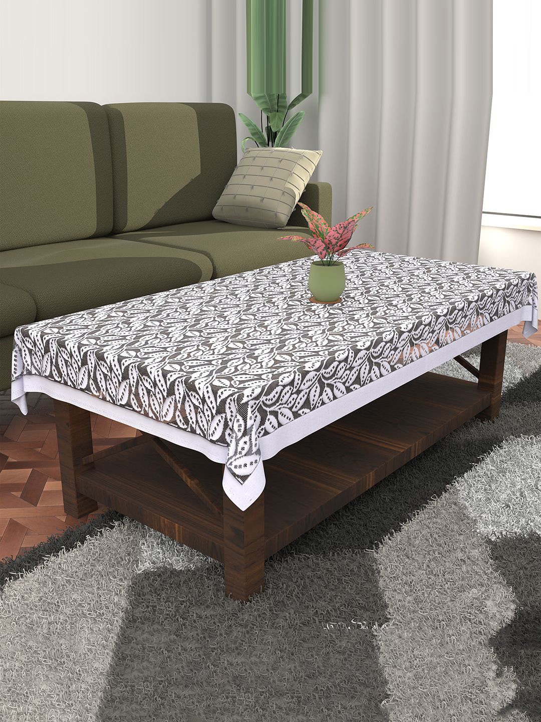 

Kuber Industries Grey & White Floral Printed Cotton 4-Seater Center Table Cover