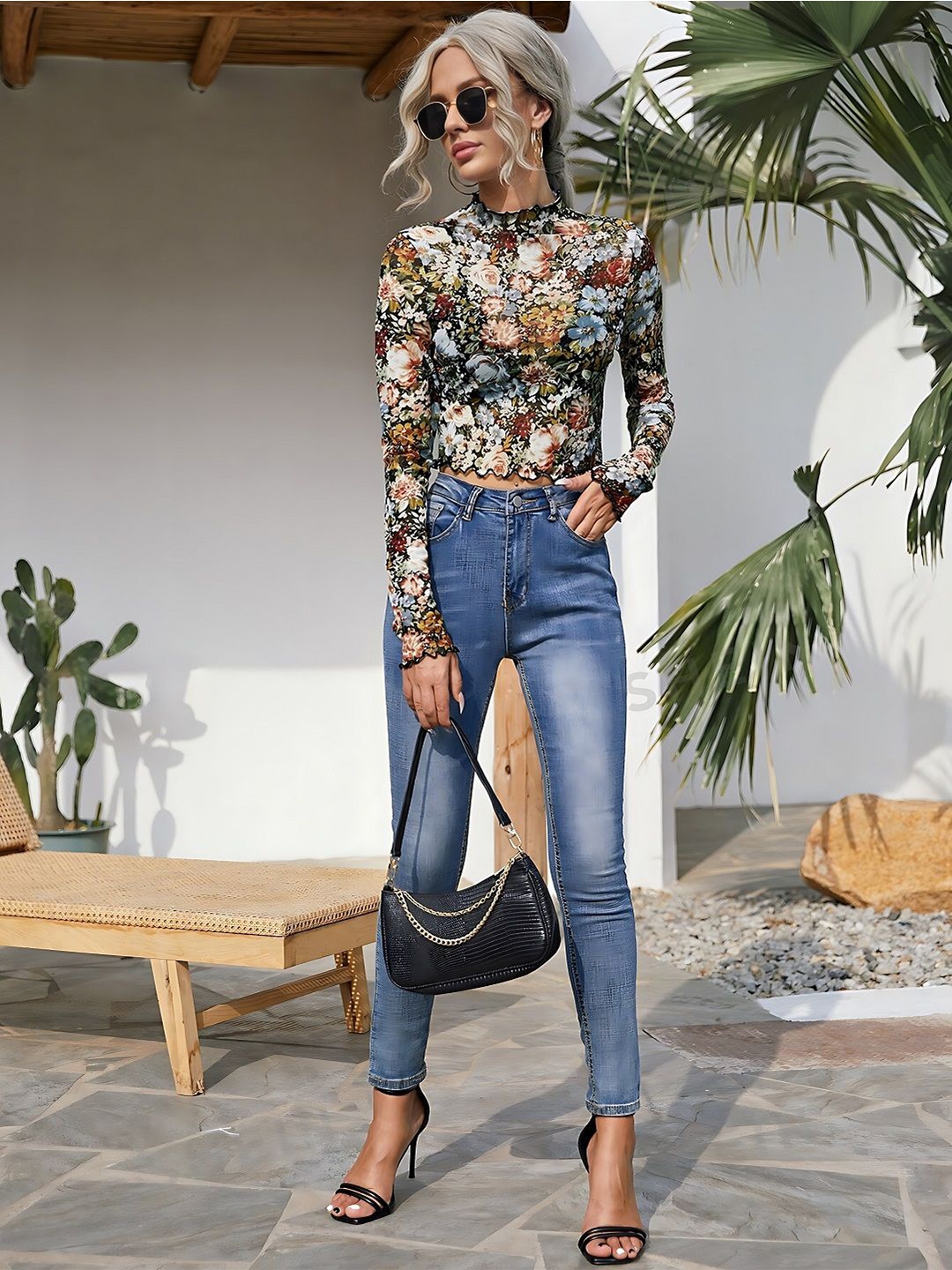 

White World Women Floral Printed High Neck Top, Black