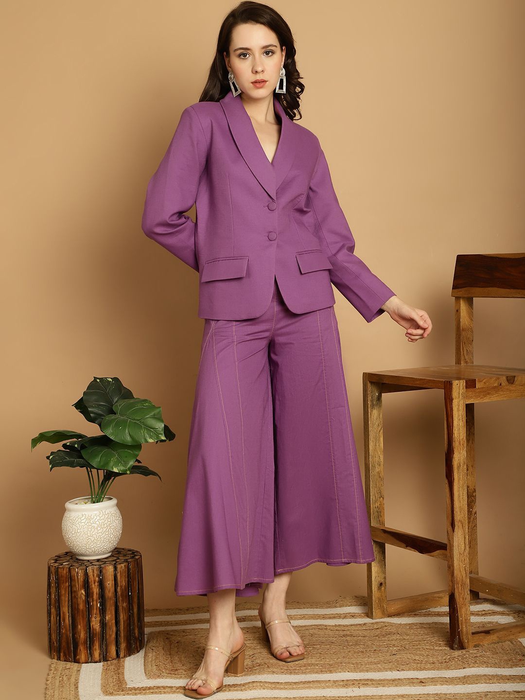 

BLANC9 Pure Cotton Notched Collar Long Sleeves Blazer With Palazzos Co-Ords, Purple