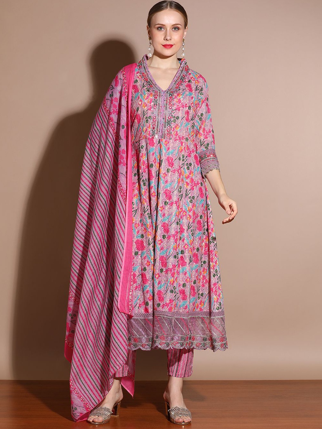 

Anouk Floral Embroidered Empire Pure Cotton Anarkali Kurta with Trousers & Dupatta, Pink