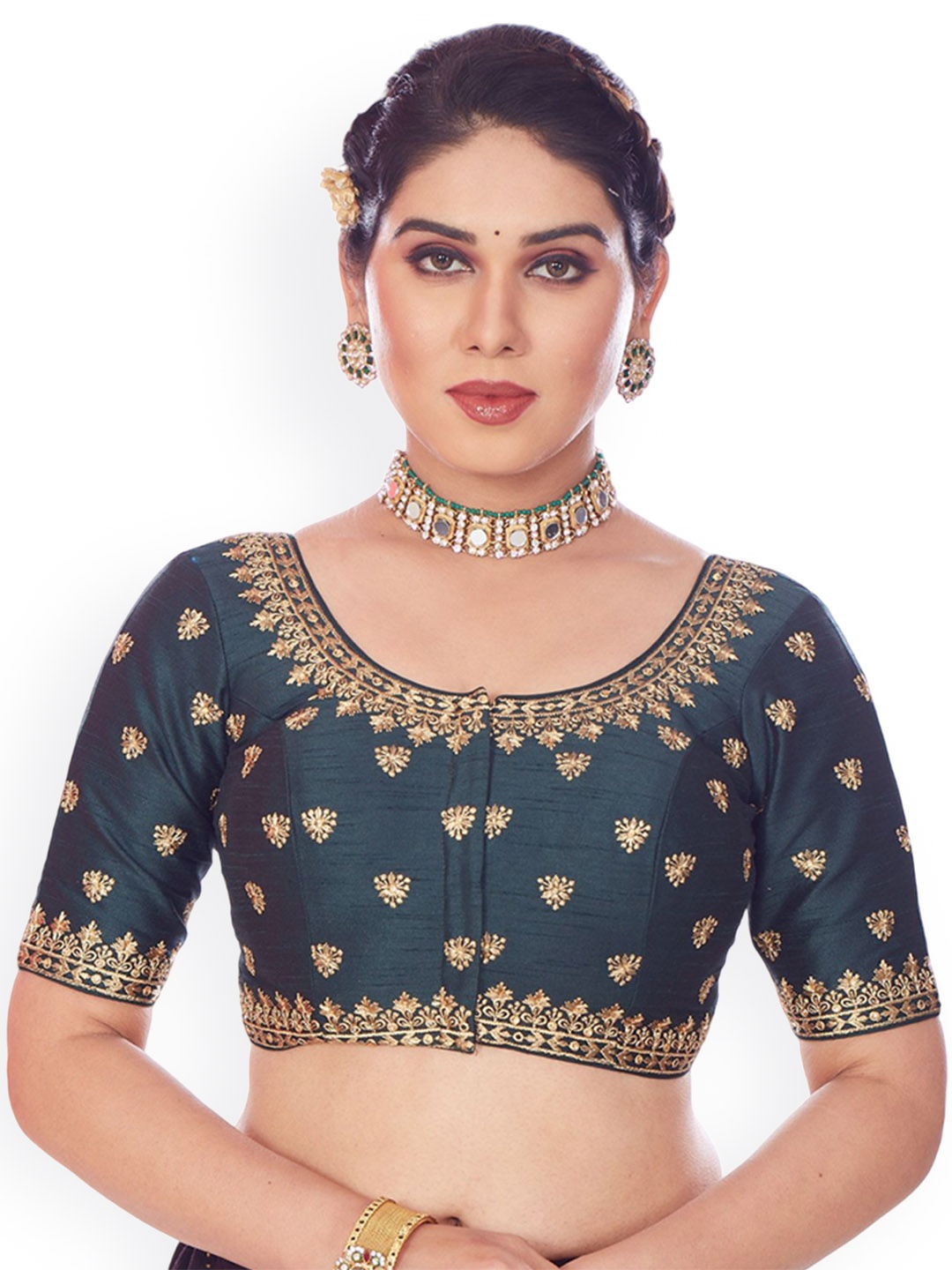 

Mmore Embroidered Dupion-Silk Padded Saree Blouse, Green