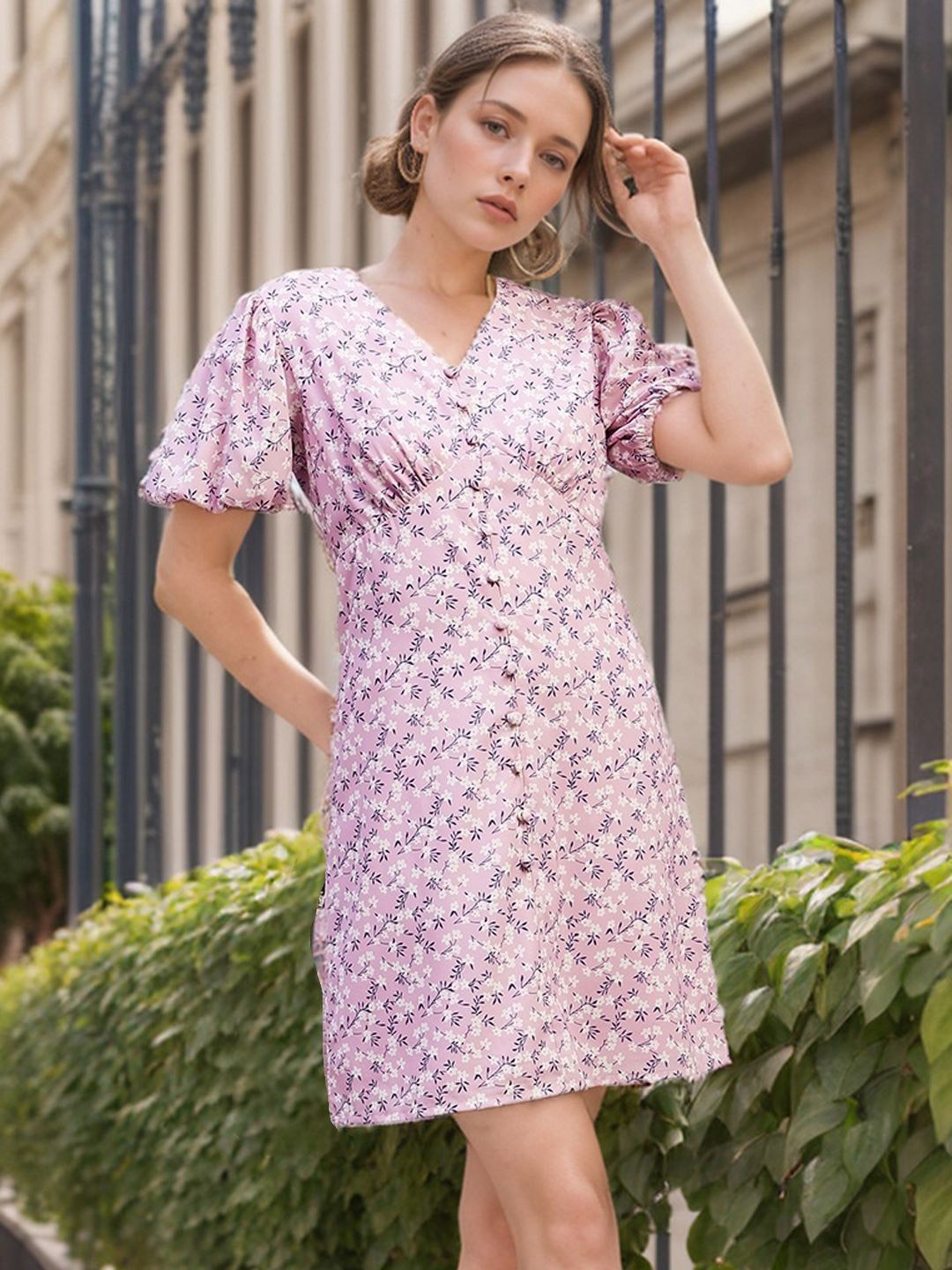 

RARE Floral Printed Georgette A-Line Dress, Pink