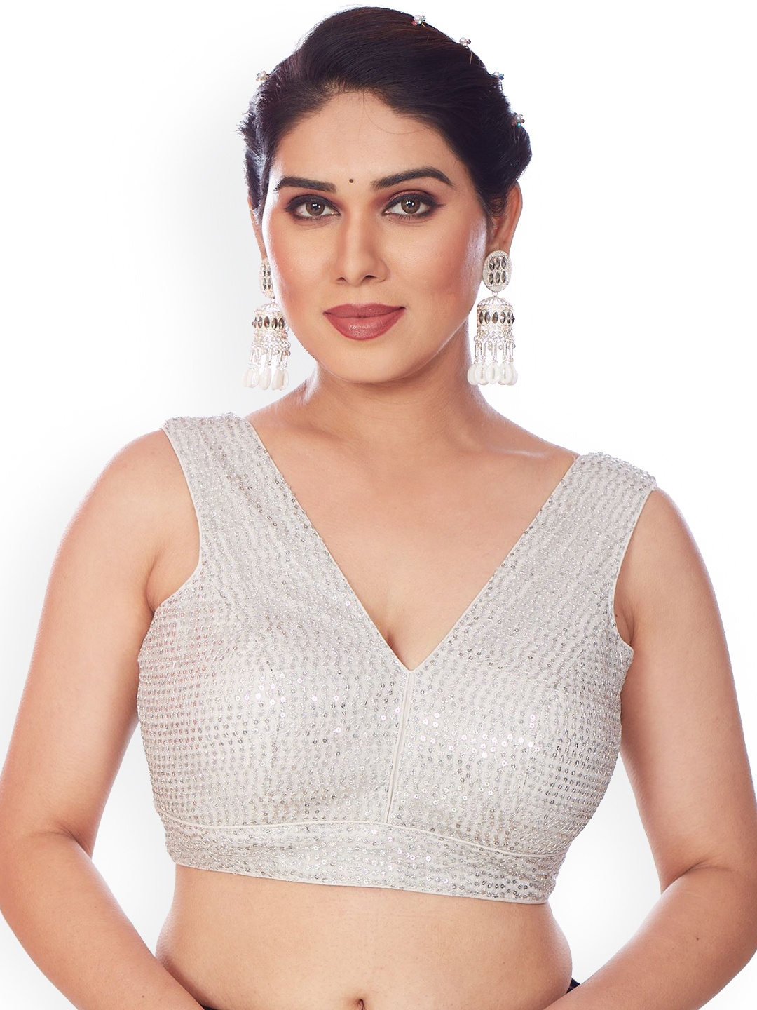 

Mmore Embroidered Saree Blouse, Silver