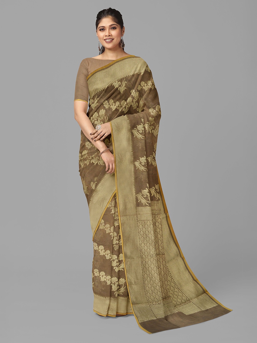 

The Chennai Silks Floral Zari Maheshwari Saree, Brown